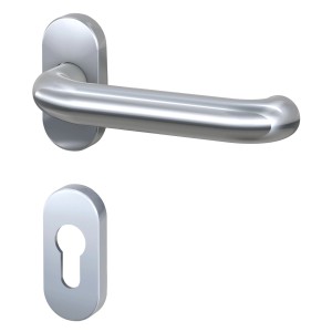 Edelstahl Türdrücker-Garnitur mit Rosette für Profilzylinder, L-Form Design.