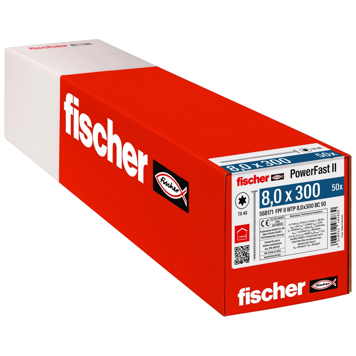 Verpackung Fischer Holzschrauben PowerFast II, 8x300 mm, 50 Stück. Holzbauschrauben mit Tellerkopf.