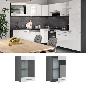 Vicco Küchen Glashängeschrank R-Line, weiß hochglanz/anthrazit, 40 cm. Hängeschrank mit Glastür für die Küche.