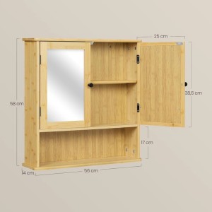 EUGAD Spiegelschrank aus Bambus mit Spiegeltür, offener Holztür und offenem Regal für Bad.