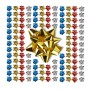 Buntes Set selbstklebender Geschenkschleifen aus Polypropylen: große goldene Schleife, umgeben von kleinen blauen, roten, silbernen, goldenen Deko-Schleifen.