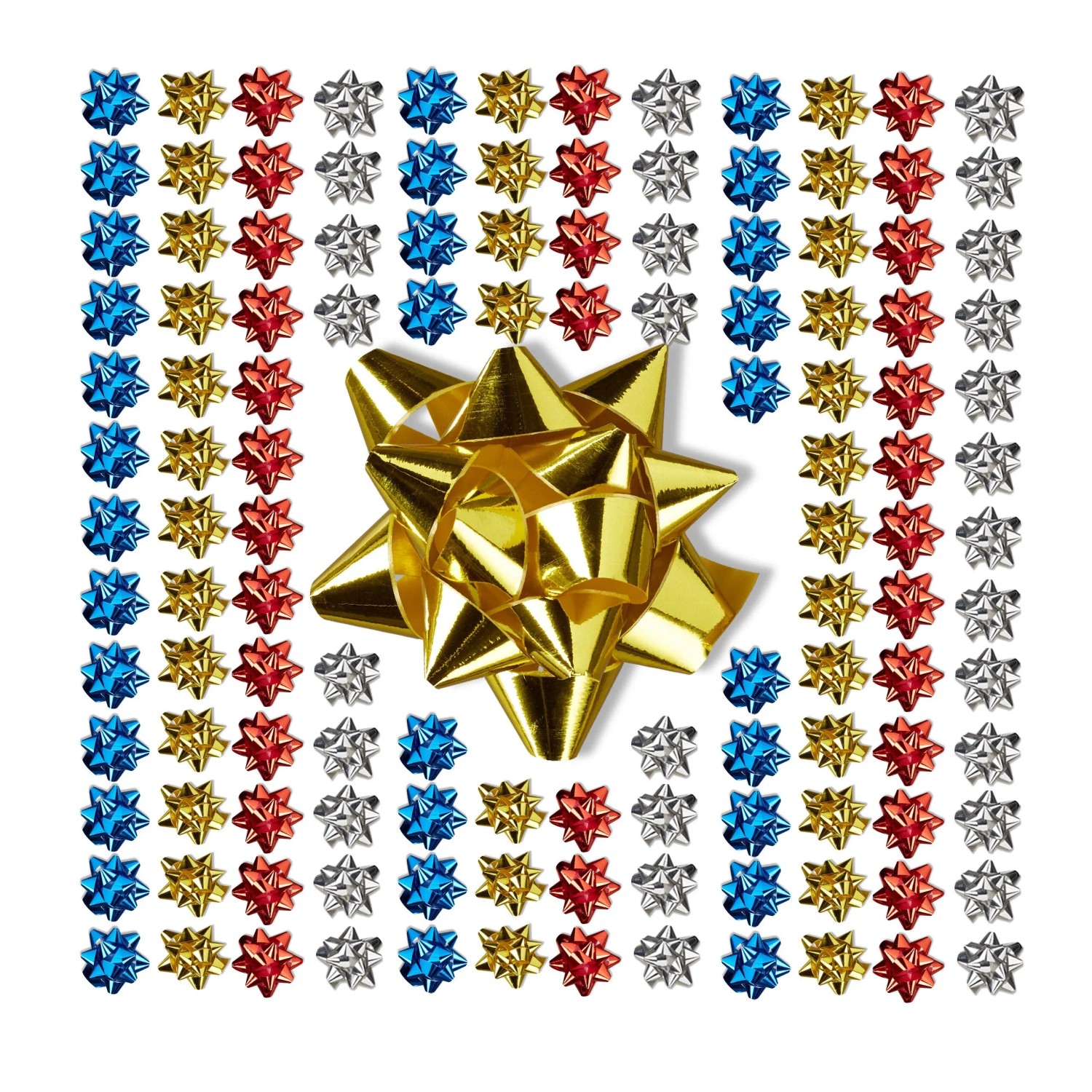 Buntes Set selbstklebender Geschenkschleifen aus Polypropylen: große goldene Schleife, umgeben von kleinen blauen, roten, silbernen, goldenen Deko-Schleifen.