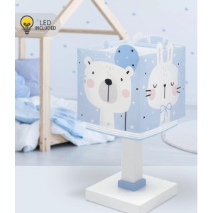 Blaue Dalber Tischlampe mit Waldtieren, LED Nachtlicht für Kinderzimmer.