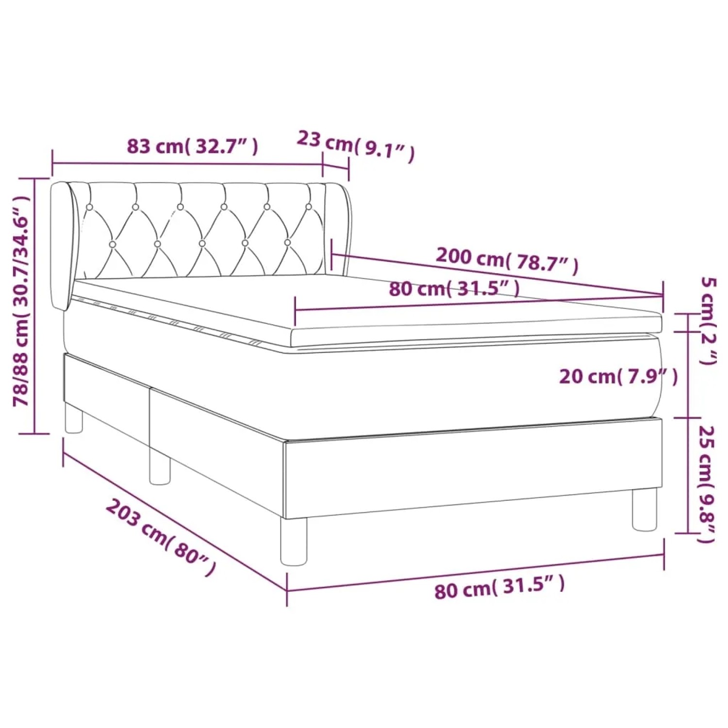 vidaXL Boxspringbett dunkelgrau, 80x200 cm, Samtbett mit Matratze und Kopfteil.