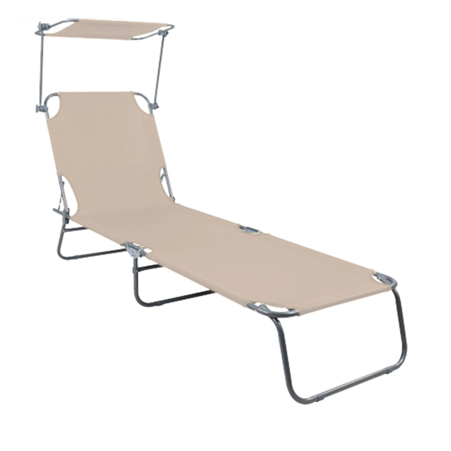 Beige Mojawo Gartenliege mit Sonnendach, klappbar, 186x55x24cm. Relaxliege für Garten und Camping.