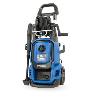 Blauer Hyundai Hochdruckreiniger HPW2400CRE mit Schlauchtrommel und Lanze.
