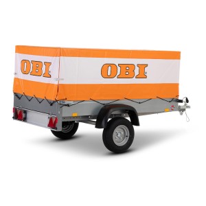 Stema Anhänger AN 750-10 mit OBI Hochplane 60 cm: ungebremster Autoanhänger mit orangener Plane.