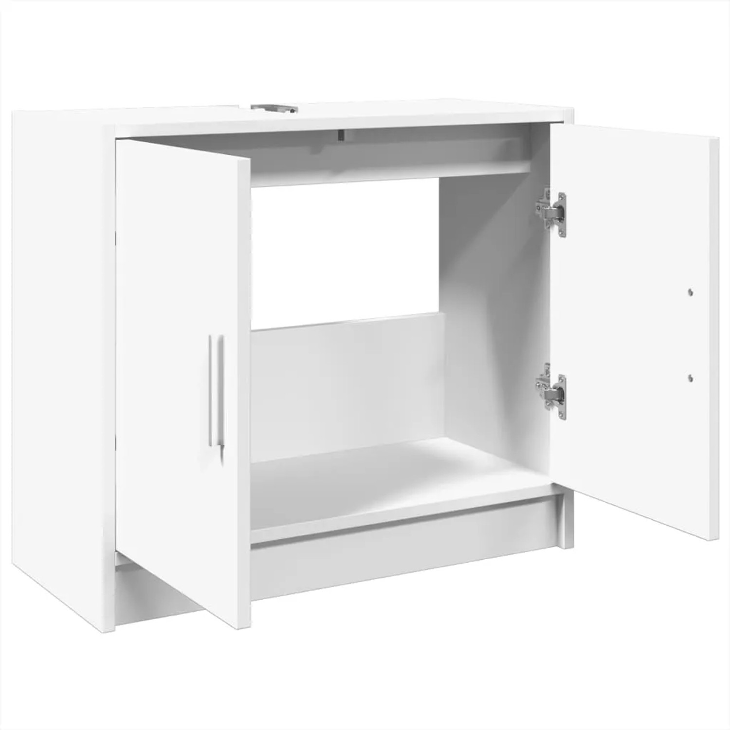 Weißer Waschbeckenunterschrank (63x29x55 cm) aus Holzwerkstoff mit offenen Türen.