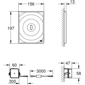 Technische Zeichnung: Grohe Tectron Surf Infrarot-Elektronik für WC-Spülkasten mit Maßangaben.