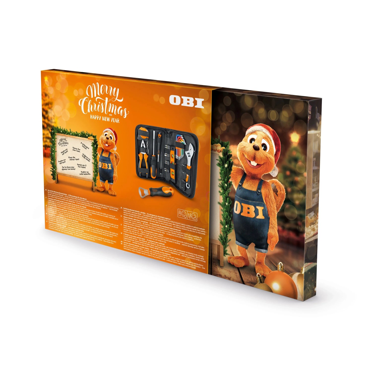 OBI Adventskalender 2026 mit Werkzeug-Sets. Orange Box mit OBI Biber, Weihnachtsbaum & geöffnetem Werkzeugkoffer. Ideal für Heimwerker.