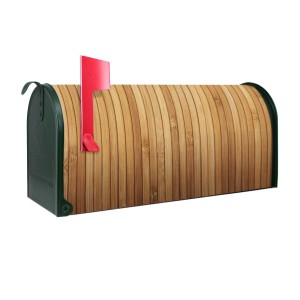 Grüner US Briefkasten mit Bambus-Motiv und roter Fahne, 48x22x16cm. Stahl, pulverbeschichtet.