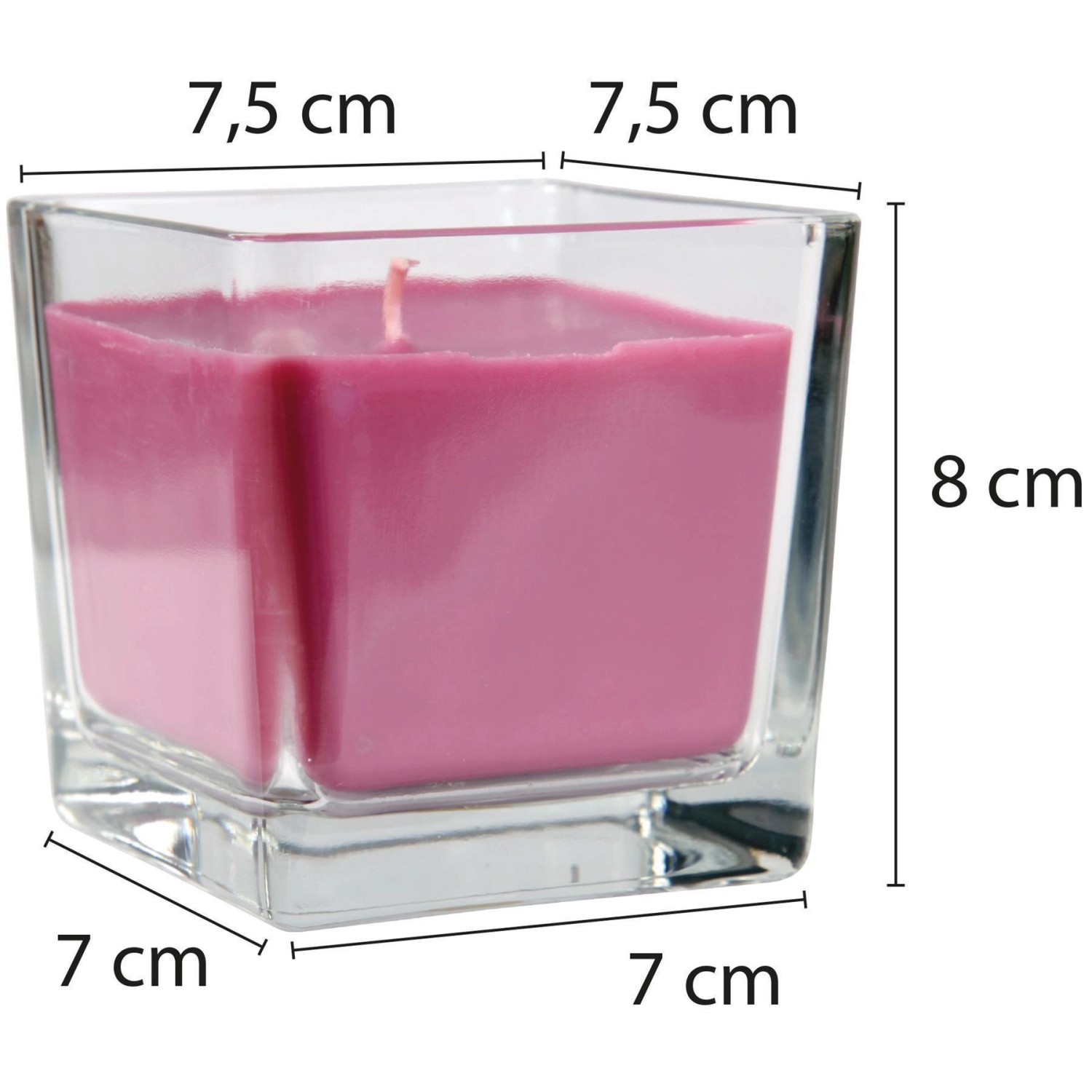 Quadratische, rosa Duftkerze im Glas mit Maßen. Stumpenkerze mit Lavendelduft.