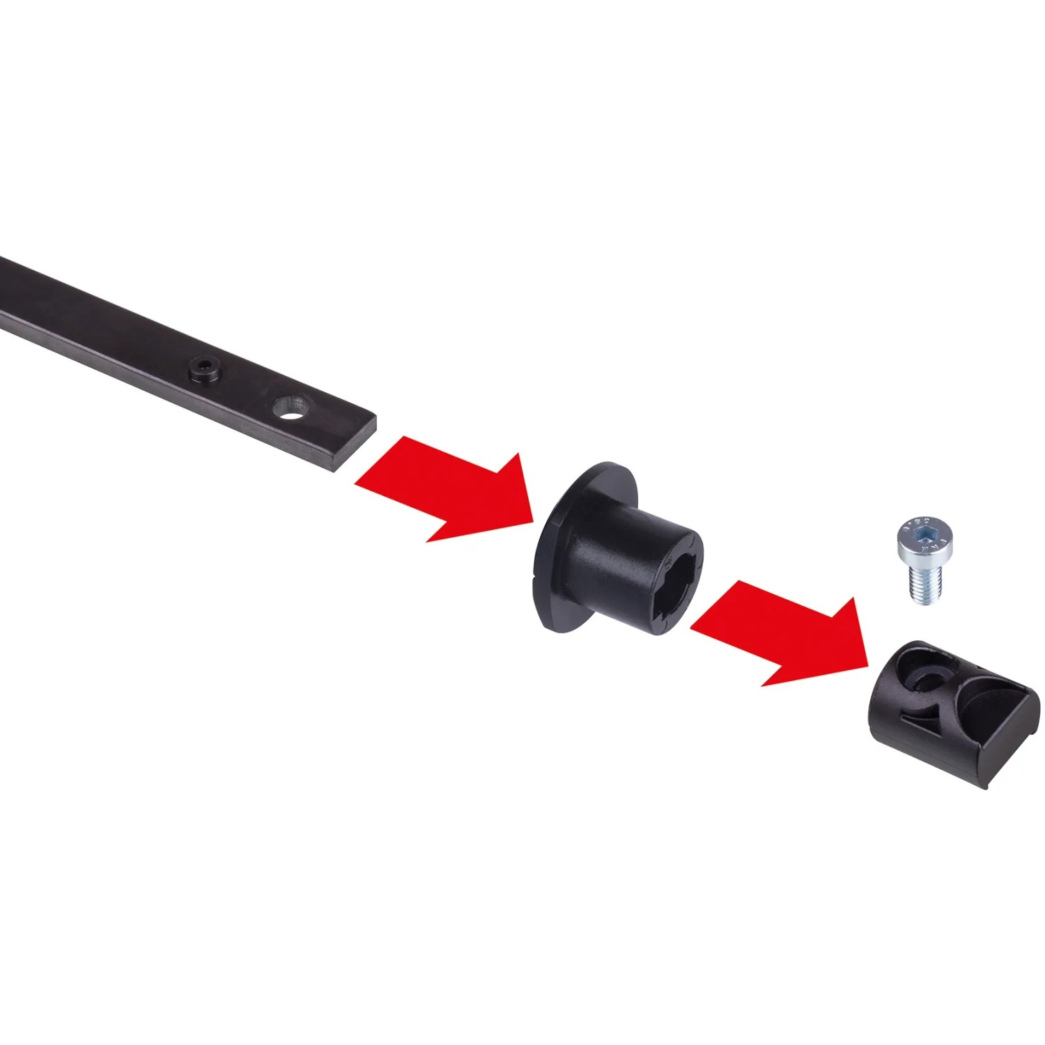 wolfcraft Werktischspanner Pro Einzelteile: Spannarm, Aufnahme, Schraube und Klemmstück.