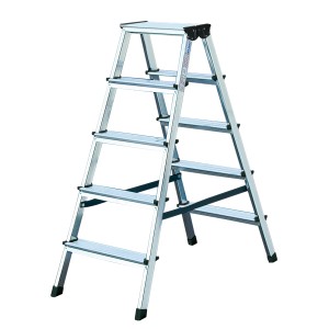 Krause Dopplo Stufen-Doppel-Leiter mit 2x5 Stufen, beidseitig begehbar, aus Aluminium.
