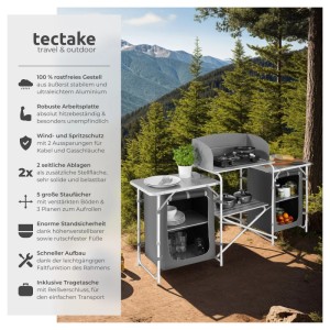 Tectake Campingküche XXL mit Alugestell, 5 Fächer, faltbar, wetterfest, 172x52x104 cm, grau.