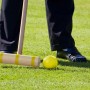 Person spielt Krocket auf grünem Rasen. Holzschläger mit gelben Streifen trifft gelbe Kugel. Gartenspiel.