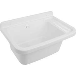 Weißes Ausgussbecken aus Kunststoff, 50 cm breit, für Innen- und Außenbereich.