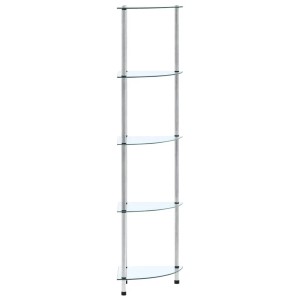 Transparentes vidaXL Regal mit 5 Glasablagen und Edelstahlgestell.