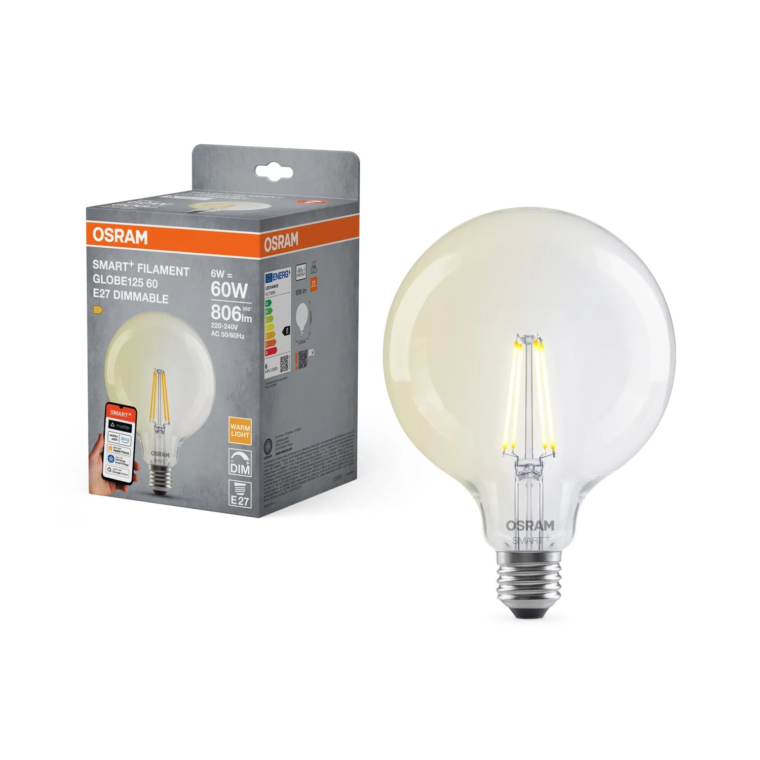 Osram Matter Leuchtmittel E27 Globeform G60 Dimmbar 6 W 806,m 16,8 x 12,5 cm