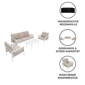 Weiße 4-teilige Jardi Sofagarnitur aus Aluminium mit Sofa, Sessel und Tisch für den Garten.