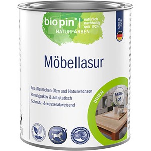 Dose biopin Möbellasur farblos, Holzlasur für Innen, lösemittelfrei und atmungsaktiv.