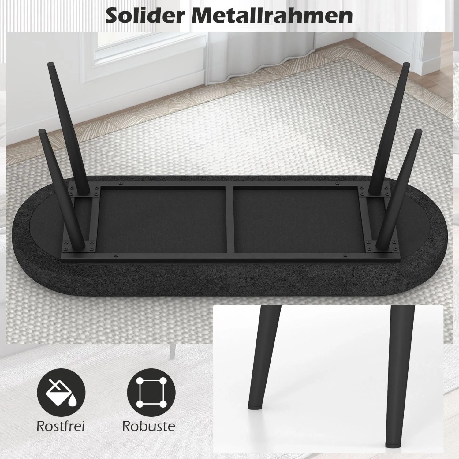 Detailansicht Costway Sitzbank, Polsterbank mit Metallbeinen, Unterseite und Beine im Fokus.