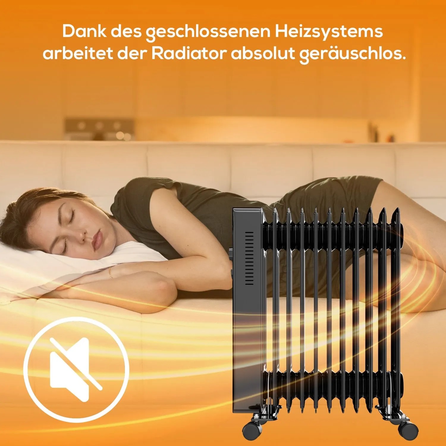 Schwarzer TroniTechnik Ölradiator mit 11 Rippen und schlafender Person, leiser Betrieb.
