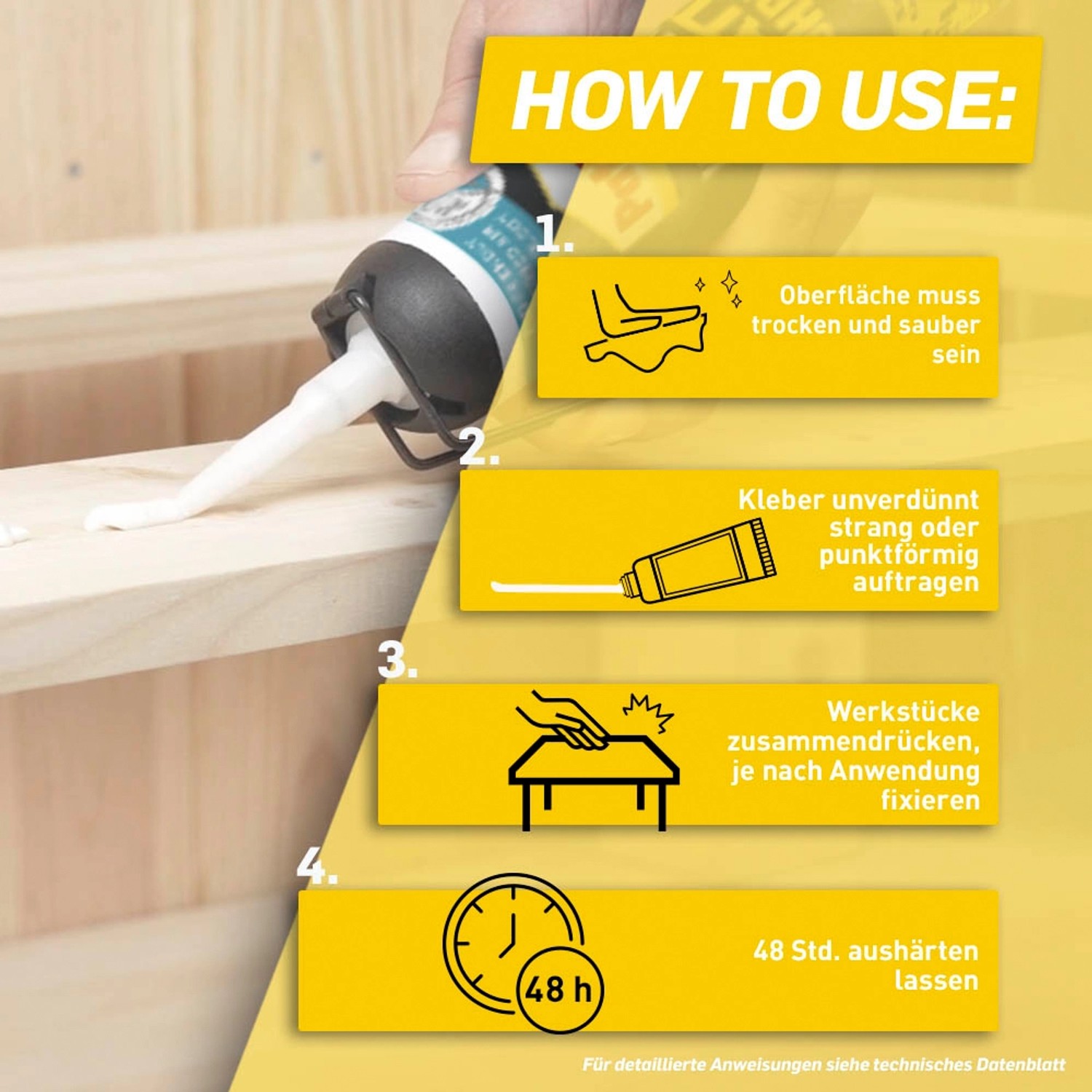 Anleitung: Pattex Montagekleber Kleben statt Bohren – Anwendung in 4 Schritten.