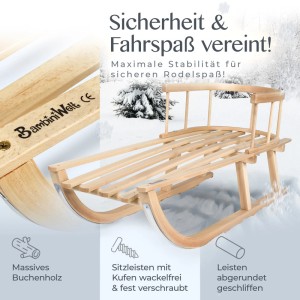 Bambiniwelt Holzschlitten mit Rückenlehne, Davoser Modell, 90cm. Ideal für sicheres Rodeln im Schnee.