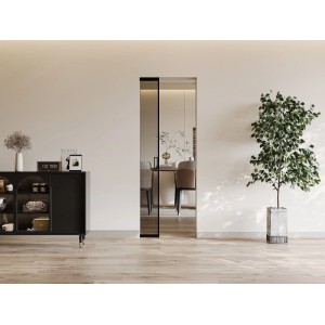 Schwarze Vente-unique Linci Schiebetür aus Aluminium und Rauchglas im Industrial Stil, 93 cm breit, in modernem Raum.