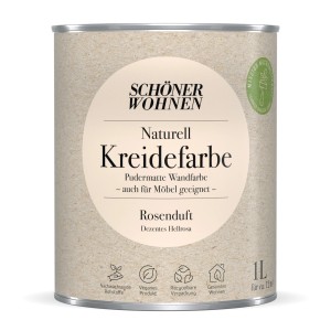 Schöner Wohnen Kreidefarbe Naturell Rosenduft 1 l, pudermatte Wandfarbe in hellem Rosa.