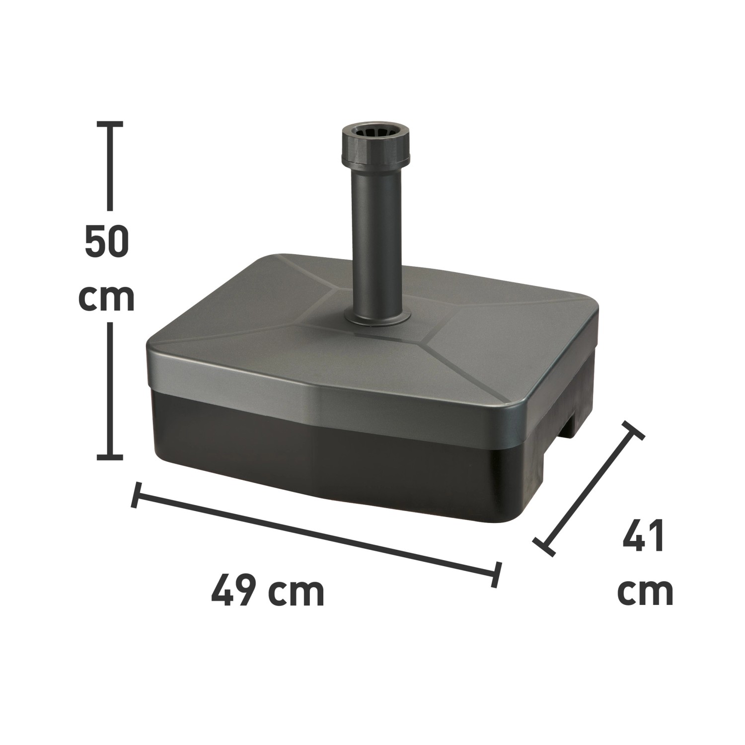 Anthrazitfarbener Schirmständer Lucena, befüllbar bis 40 kg, mit Rollen und Griff für einfachen Transport.