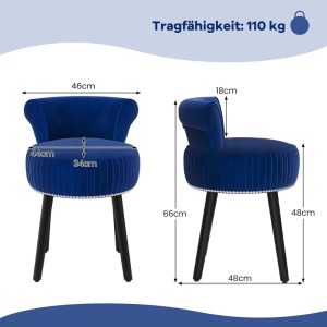 Blauer Samt Schminkhocker mit Lehne, gepolstert, runder Sitz mit Zierleiste, schwarze Holzbeine. Maße und Tragfähigkeit 110 kg.