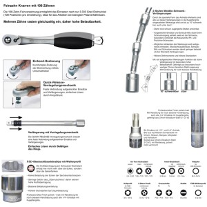 Famex Steckschlüsselsatz Professional 174-teilig mit Knarren, Verlängerungen und Einsätzen im Werkzeugkoffer.