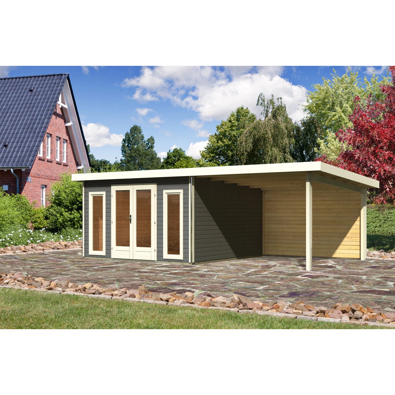 Karibu Holz-Gartenhaus Norrköping Terragrau Pultdach Lackiert 365 cm x 365 günstig online kaufen