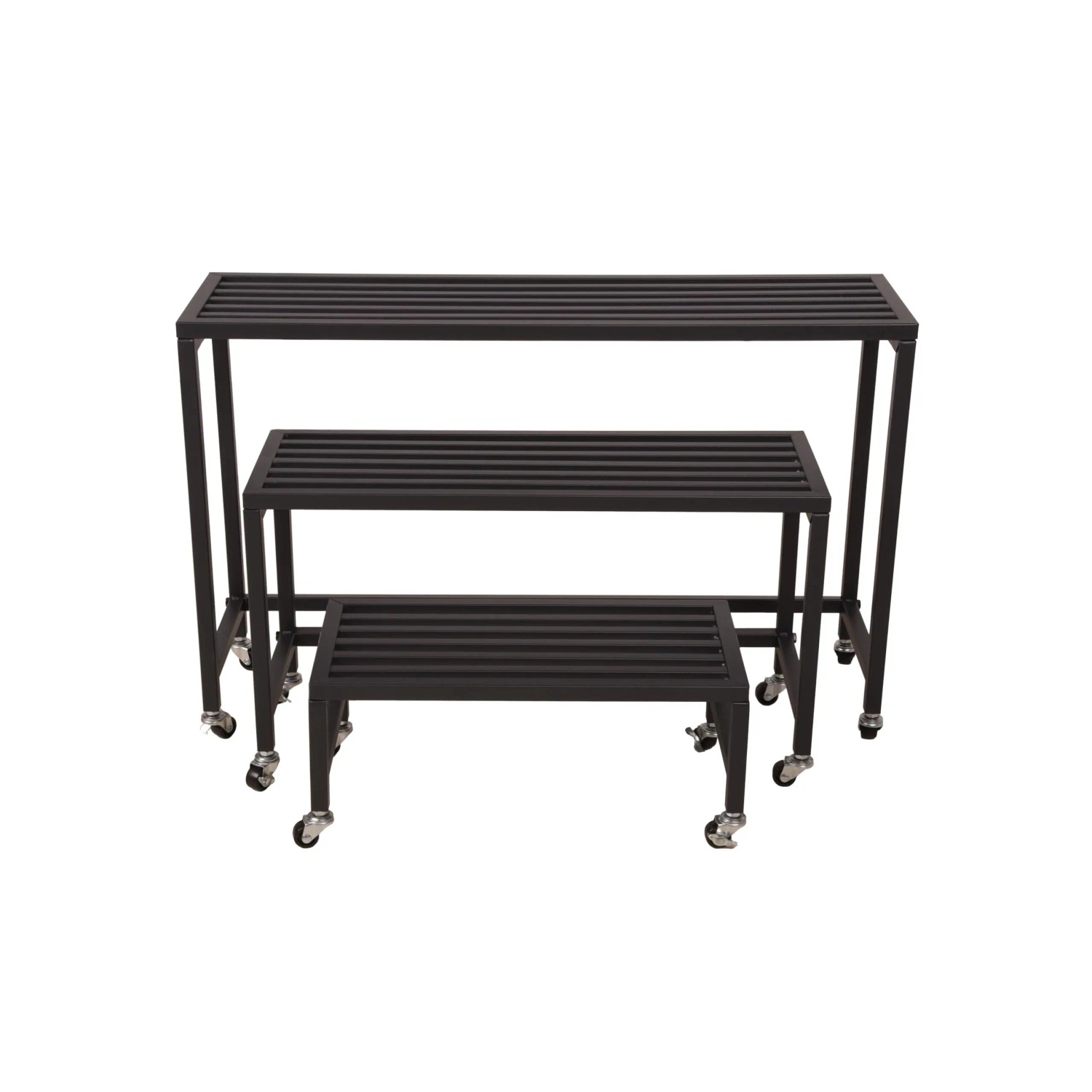 DELUKE Pflanzbank JAKOB 3er Set, schwarze Stahl Blumenständer mit Rollen.