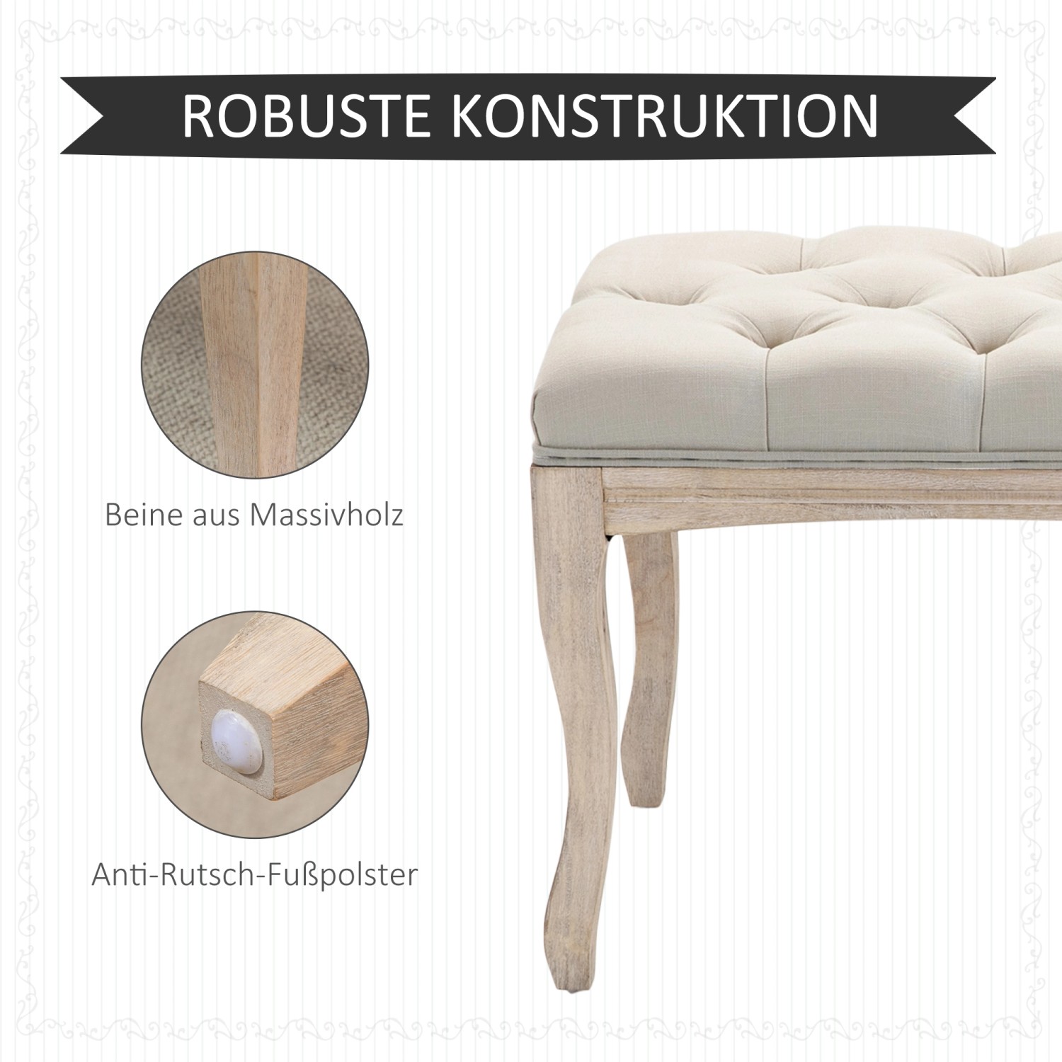 Beige HOMCOM Sitzbank im Vintage-Stil mit Leinenbezug und Gummiholzbeinen.