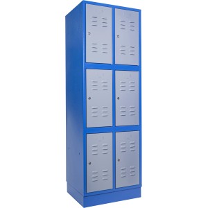 Blauer Güde Schließfachschrank TYP 6F mit 6 Fächern und grauen Türen.