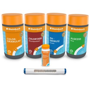 Steinbach Chlor Starter Set zur Poolpflege mit Chlorgranulat, Chlortabs, Algezid und Teststreifen.