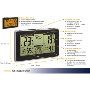 Schwarze TFA Funk-Wetterstation Mondo mit Außensender zeigt Innen- und Außentemperatur.