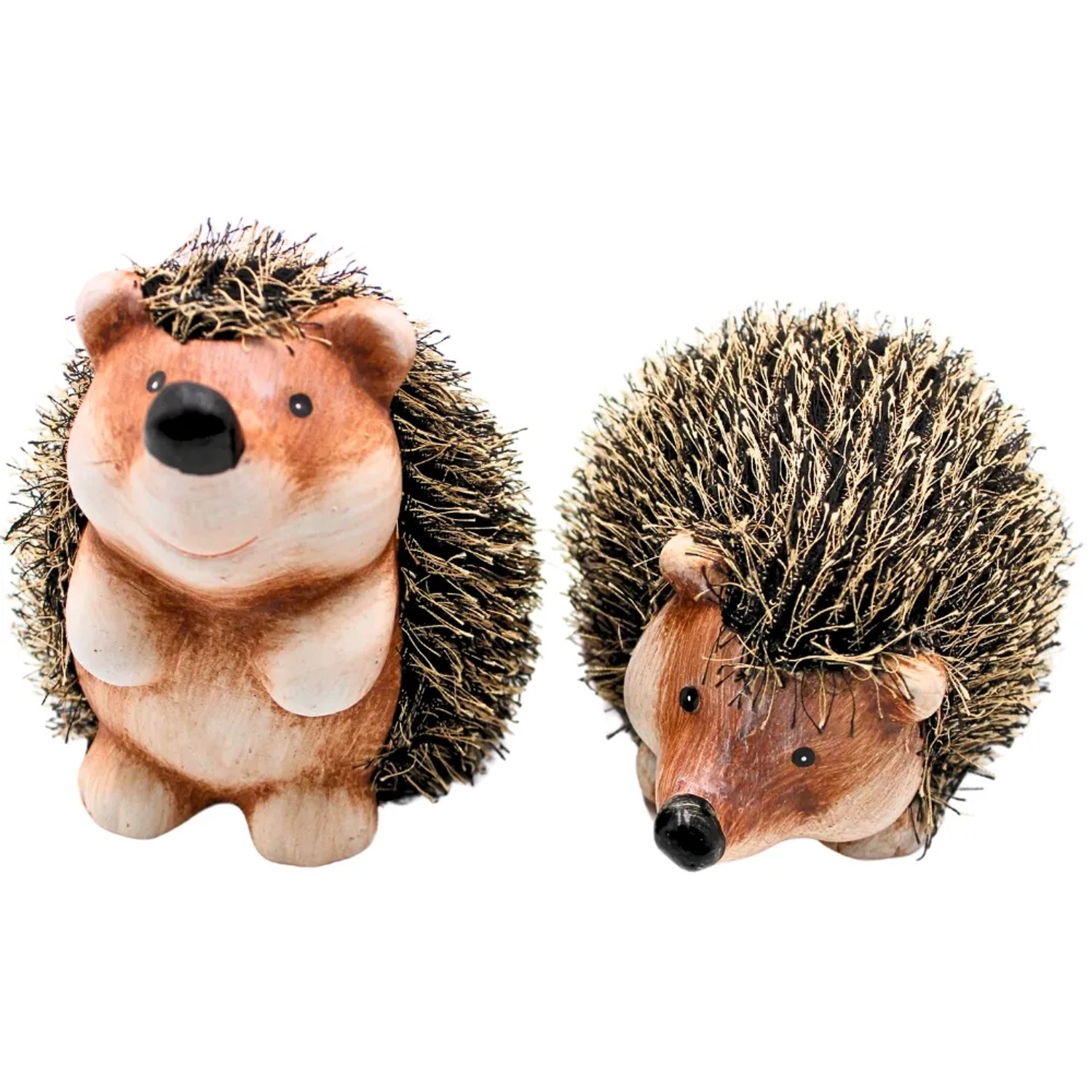 Dekohelden24 2er Set XL Dekofigur Igel Keramik Garten Igel Dekoigel mit Fell in Braun L/B/H 17 x 11 x 9 cm