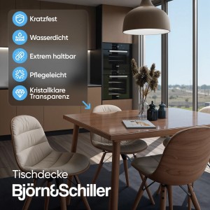 Transparente Björn&Schiller Tischschutzfolie (90x160 cm, 2 mm PVC) auf Holztisch im Esszimmer.