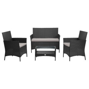 Schwarze Svita Brooklyn Polyrattan Sitzgruppe mit Tisch und grauen Kissen für den Garten.