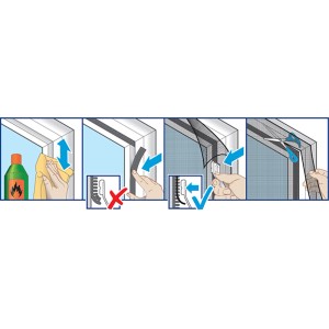 Montageanleitung für Tesa Pollenschutzgitter Anthrazit: Reinigen, Klettband anbringen, Netz befestigen, zuschneiden.