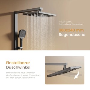 Emke Duschsystem mit Thermostat, anthrazit matt, mit Regenduschkopf und Handbrause.