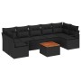 Schwarzes 8-teiliges Garten-Sofa-Set aus Polyrattan mit Akazienholztisch für Terrasse und Garten.