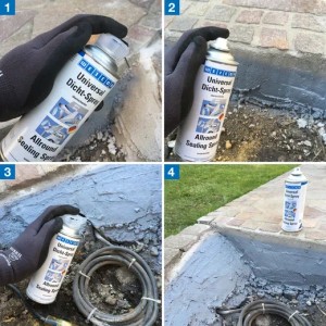 Anwendung von WEICON Universal Dicht-Spray, grau, 400ml, zum Abdichten von Rissen im Außenbereich.