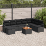 Schwarzes 9-teiliges vidaXL Garten-Sofa-Set aus Poly Rattan mit Kissen und Tisch.