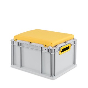 Graue Eurobox Sitzbox mit gelbem Sitzkissen, 20 Liter, offene Griffe. Aufbewahrungsbox für Werkstatt, Lager, Garage.