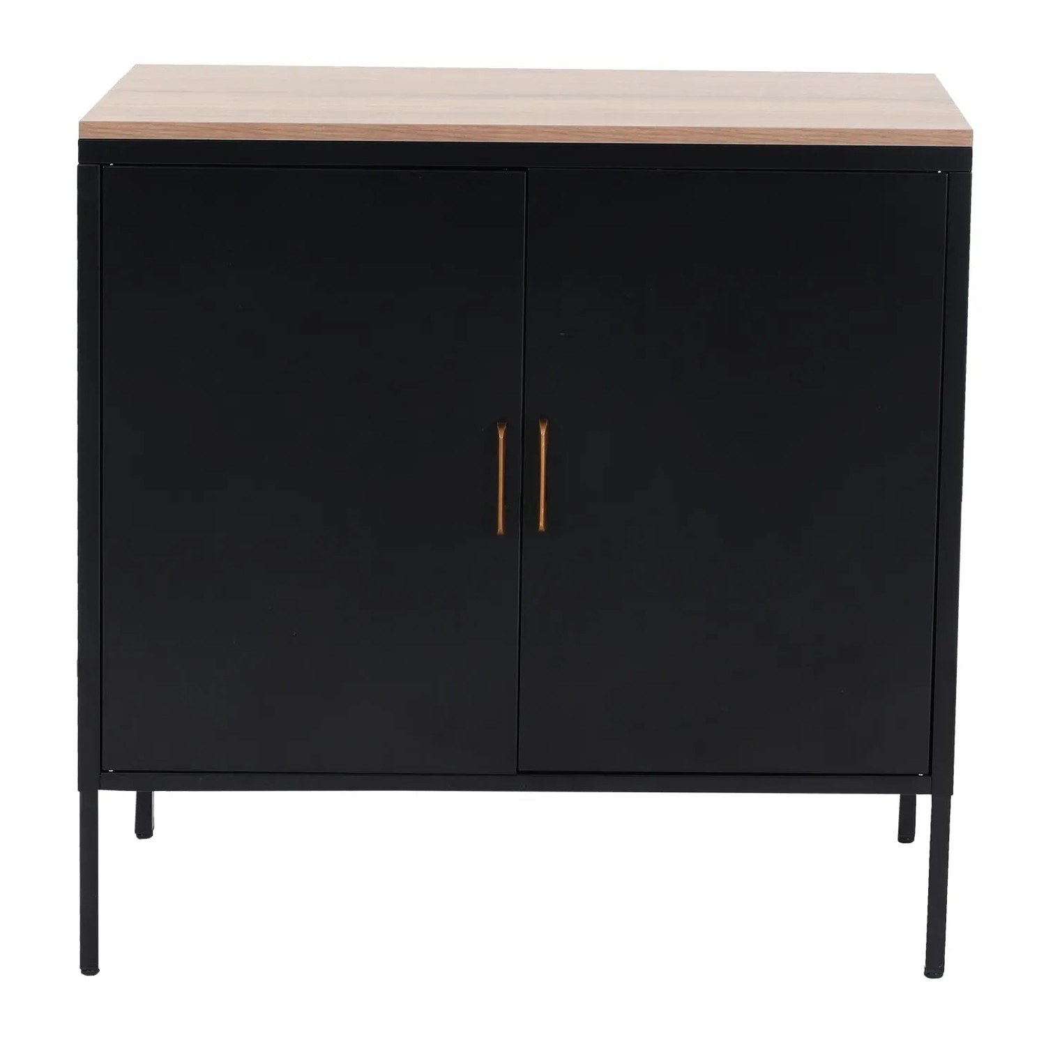 Schwarze MCW Kommode L84-2 mit 2 Türen und hellem Holzdeckel. Schubladenkommode mit Metallgestell.